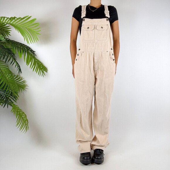 Vintage 90s Cream Indie Cottagecore Granola Girl Corduroy Cargo Overalls / Sz: M - Picture 5 of 8